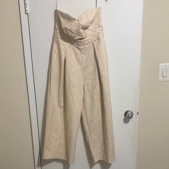 1 Topshop Cream Pinstripe Strapless Jumpsuit - Picture 3 of 7
